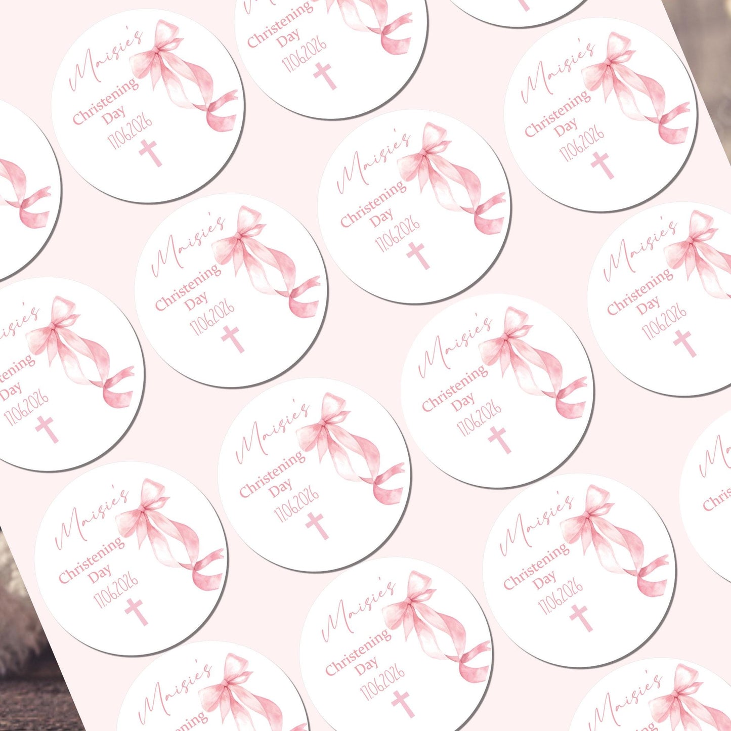 Personalized Christening Stickers, Pink Bow Party Favors Baptism Stickers