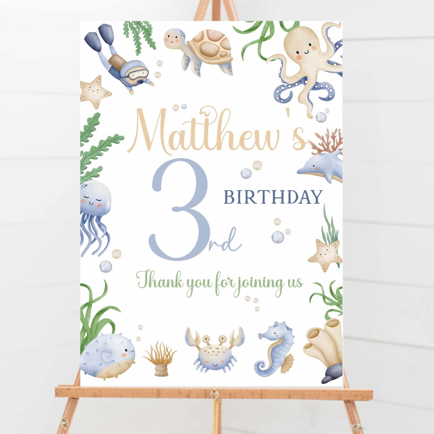 Printed Personalised Birthday Party Welcome Sign, Custom Poster Sealife Marine, Under the Sea Theme