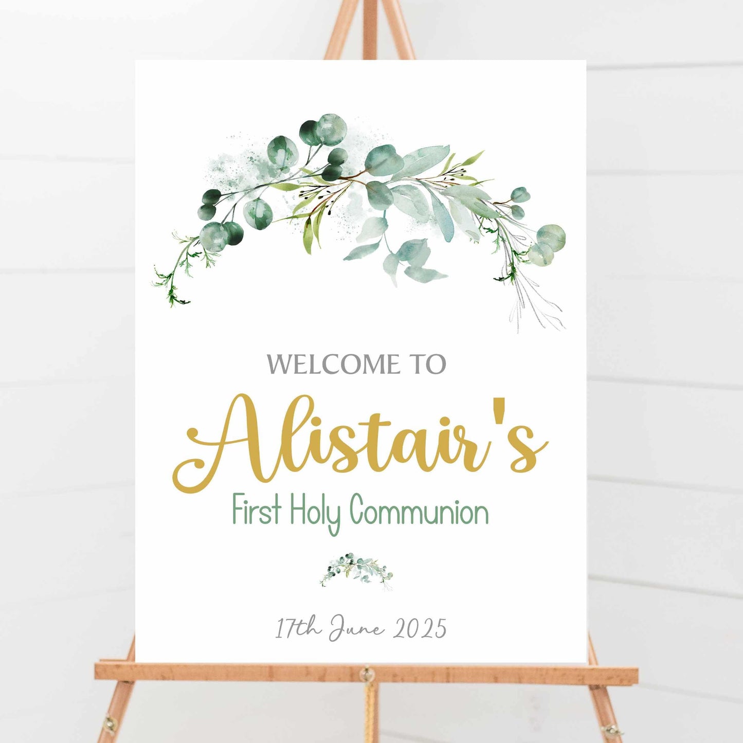 Printed Personalised First Holy Communion Welcome Sign, Custom Baptism & Christening Sign, Green Floral