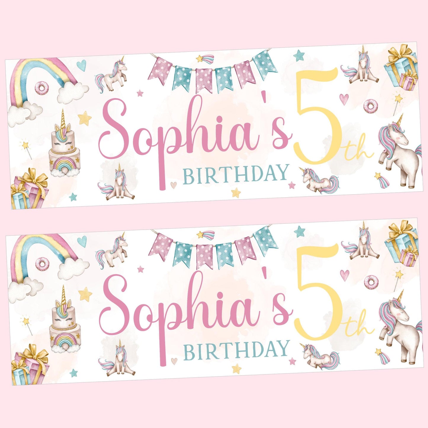 Personalised Happy Birthday Party Banner, Party Decor, Add Name Age, Princess Unicorn Theme