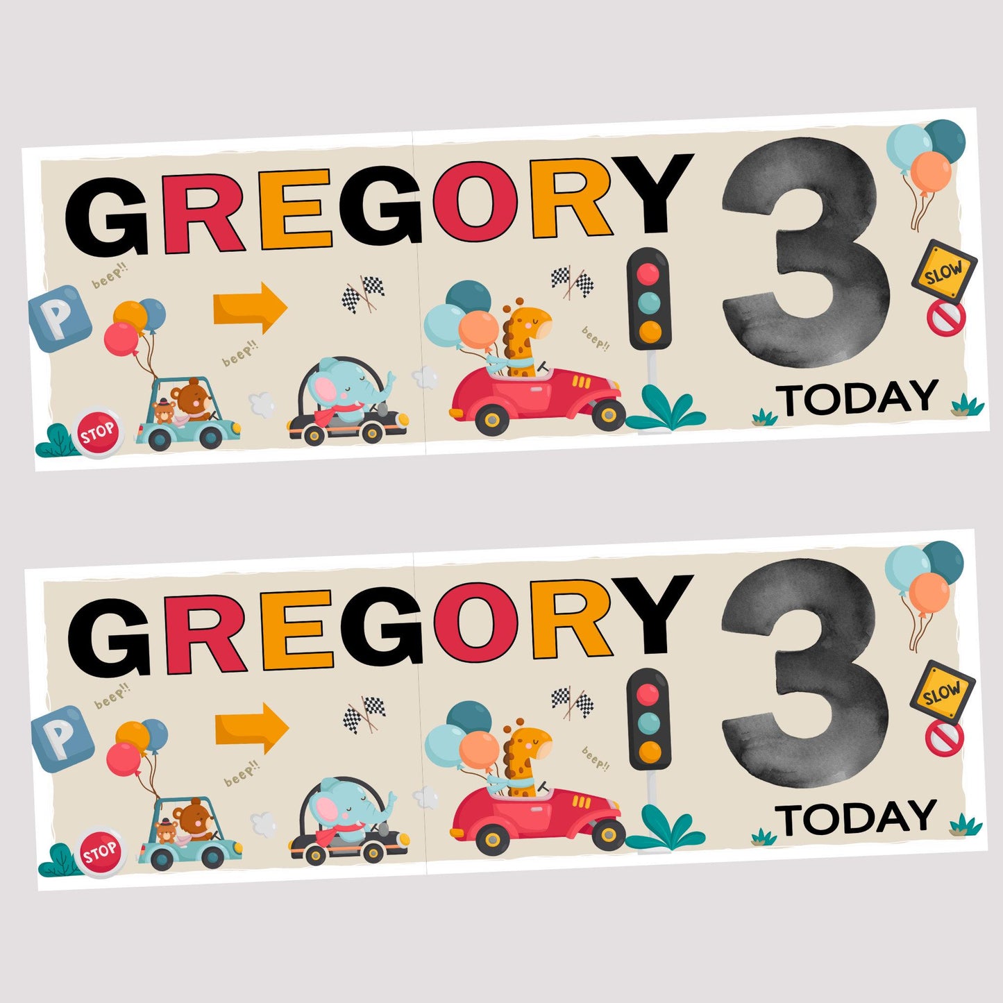 Personalised Happy Birthday Party Banner, Party Decor, Add Name Age, Fun Car Animals Theme