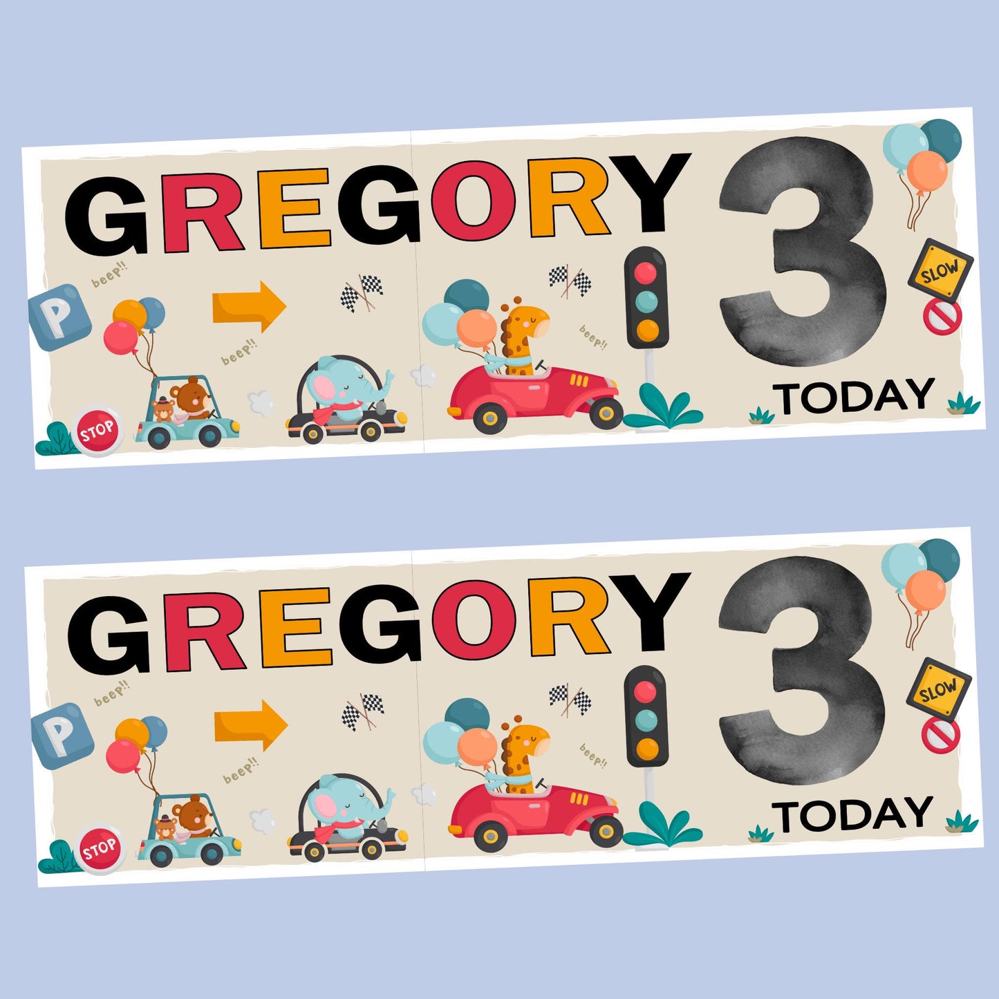 Personalised Happy Birthday Party Banner, Party Decor, Add Name Age, Fun Car Animals Theme