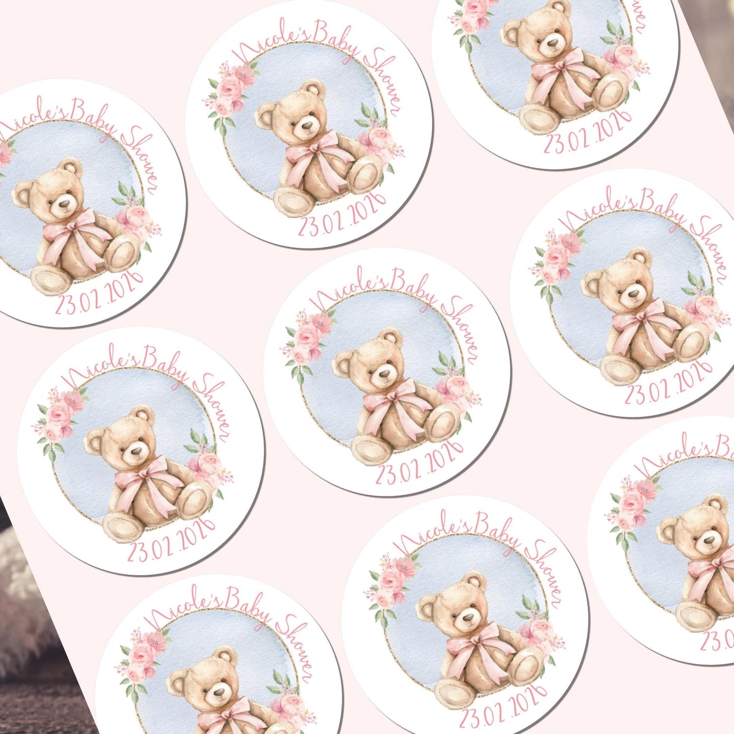 Personalised Baby Shower Stickers for Favours Party Bags Watercolour bow