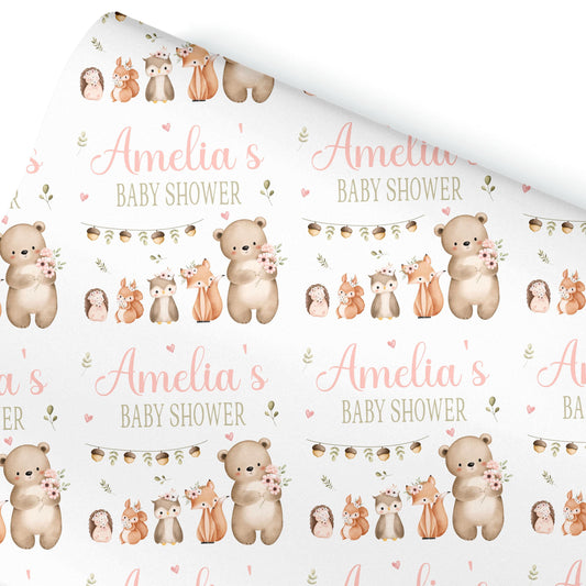 Personalised Baby Shower, New Baby Gift Wrapping Paper Custom Name & Date Watercolour Watercolour Woodland Animals