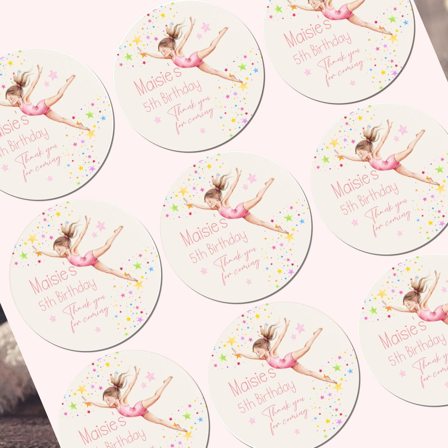 Personalised Birthday Party Stickers Gymnastic girl Dancer Party Favours Party Bags girls party Ballet Stickers