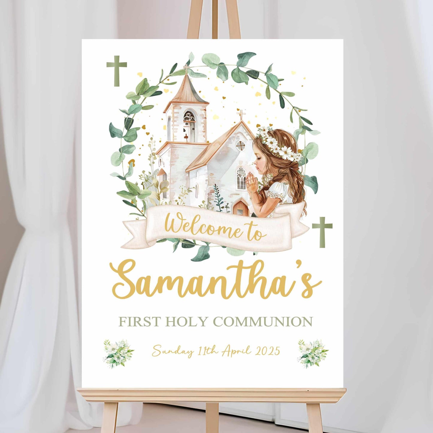 Printed Personalised Girls First Holy Communion Welcome Sign, Custom Baptism & Christening Sign