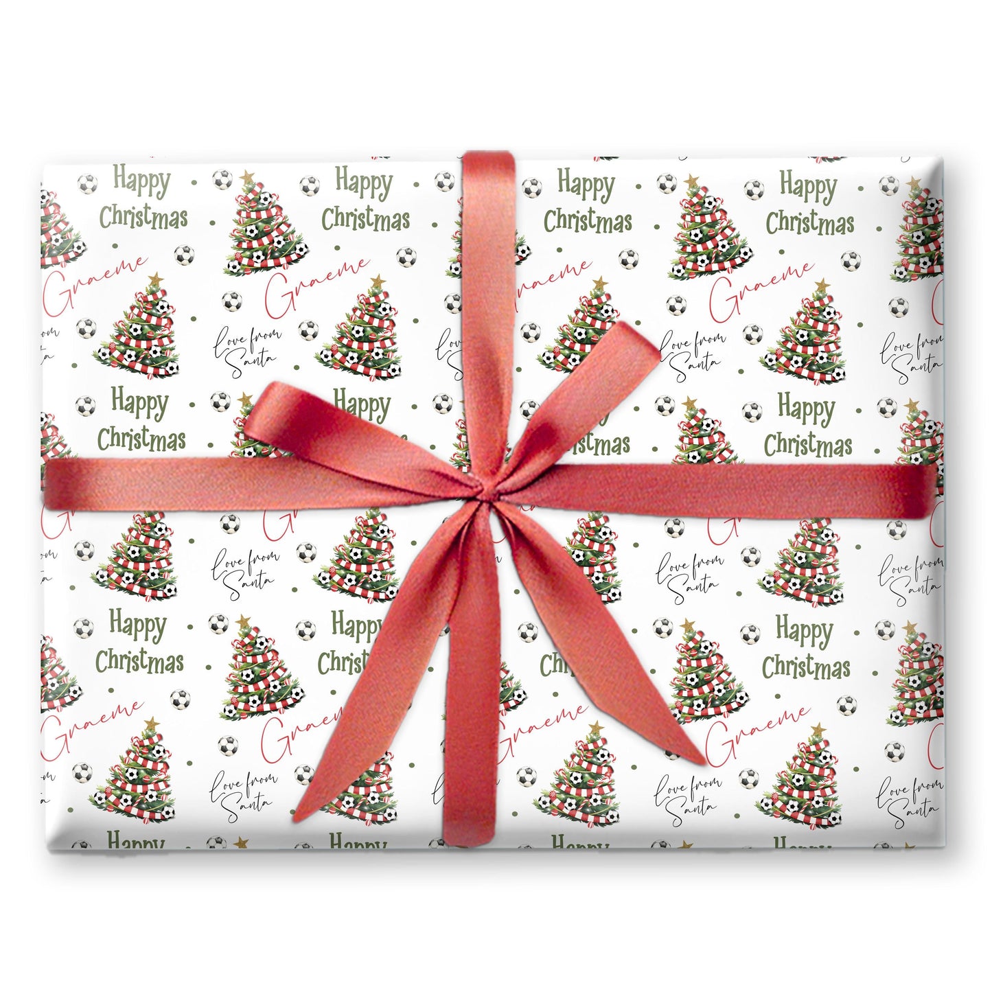 Personalised Christmas Gift Wrap – Football Christmas Tree Design, Footie Red and White Scarf