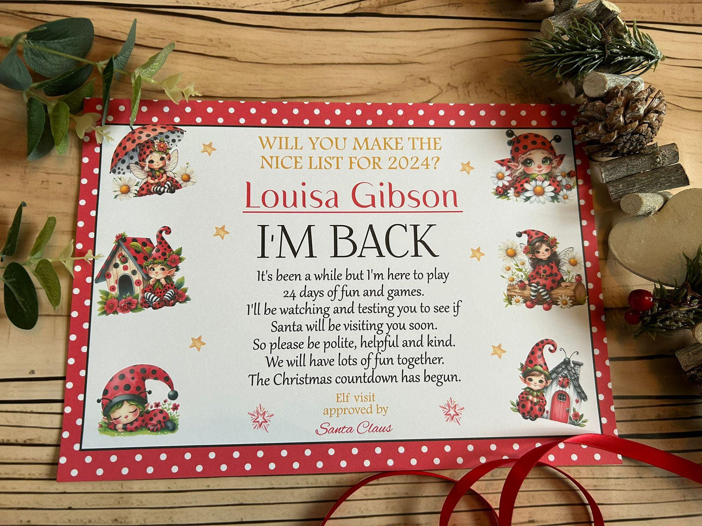 Personalised A4 Elf I'm Back letter Elf Goodbye nice list certificate christmas eve box filler Santas Good List Elf Mischief