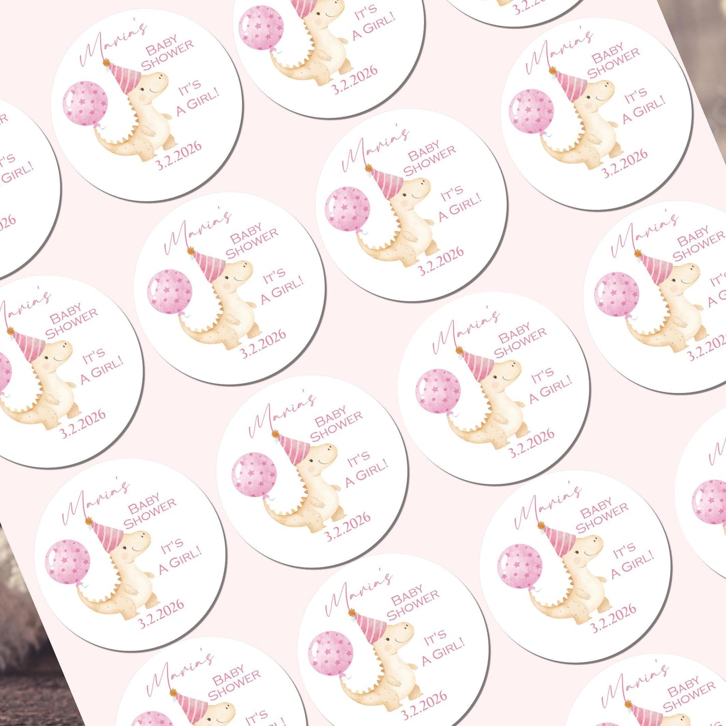 Personalised Baby Shower Stickers for Favours Party Bags Watercolour Dinosaur