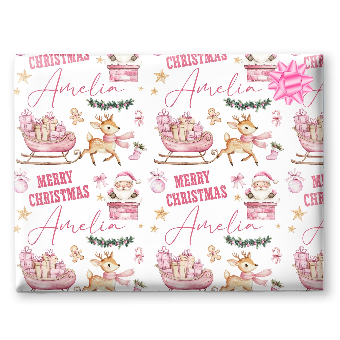 Personalised Gift Wrap | Personalised Christmas Wrapping Paper | Personalised Gift Wrap | Fun Gift Wrap | Pink Reindeer Sleigh