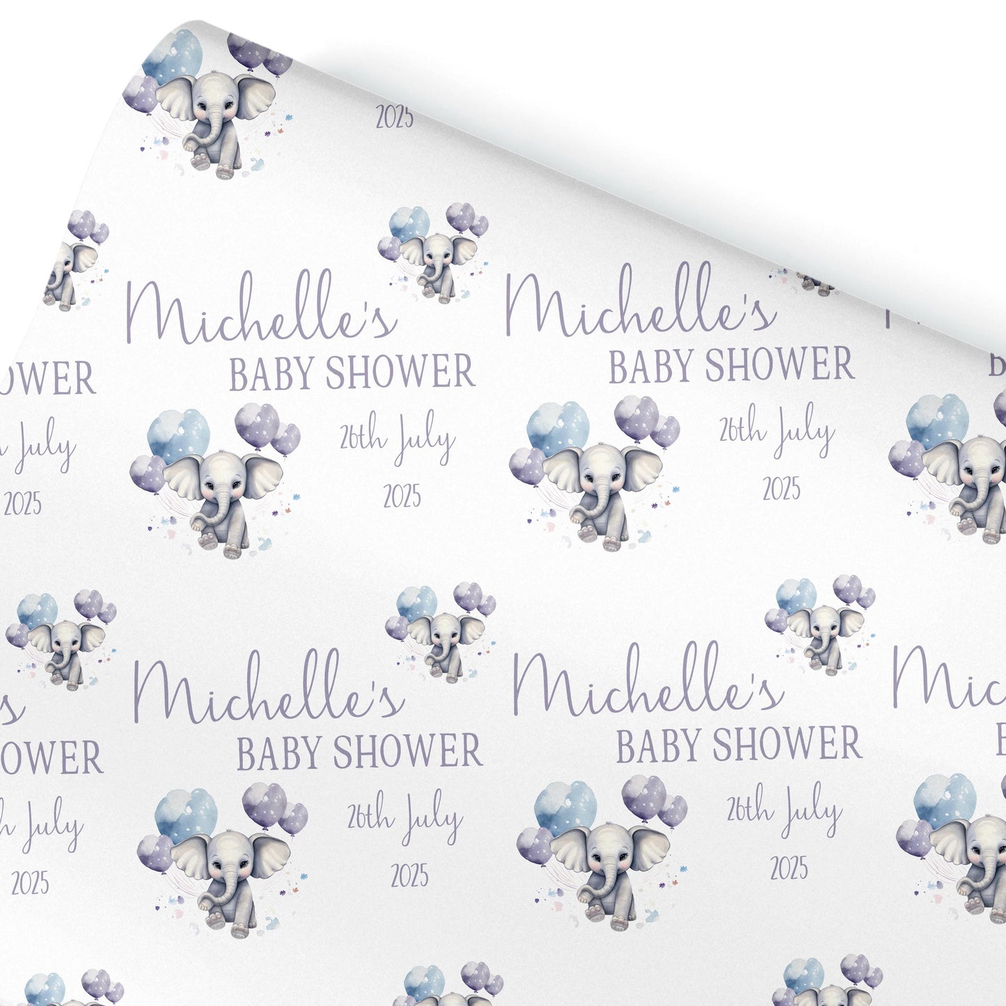 Personalised Baby Shower, New Baby Gift Wrapping Paper Custom Name & Date Watercolour Elephant Design, Christening wrapping paper