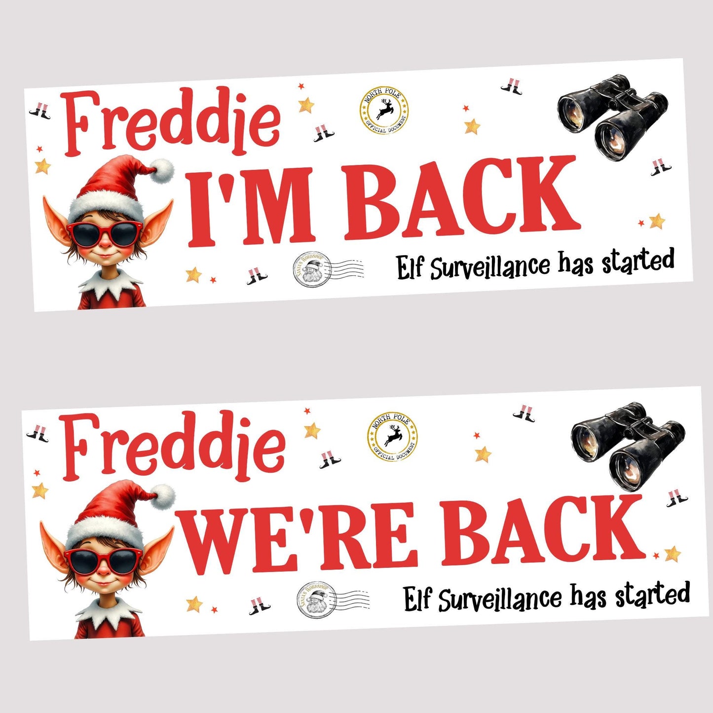 Personalised Christmas Elf Arrival Banner – 'I’m Back / We’re Back, Christmas Decoration, Elf Ideas