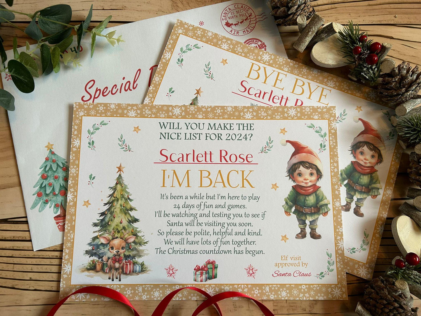 Personalised A4 Elf I'm Back letter Elf Goodbye nice list certificate christmas eve box filler Santas Good List Elf Mischief