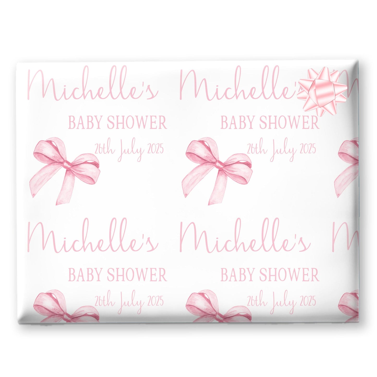Personalised Baby Shower, New Baby Gift Wrapping Paper Custom Name & Date Watercolour Pink Bow Design