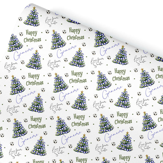 Personalised Christmas Gift Wrap – Football Christmas Tree Design, Footie Blue and White