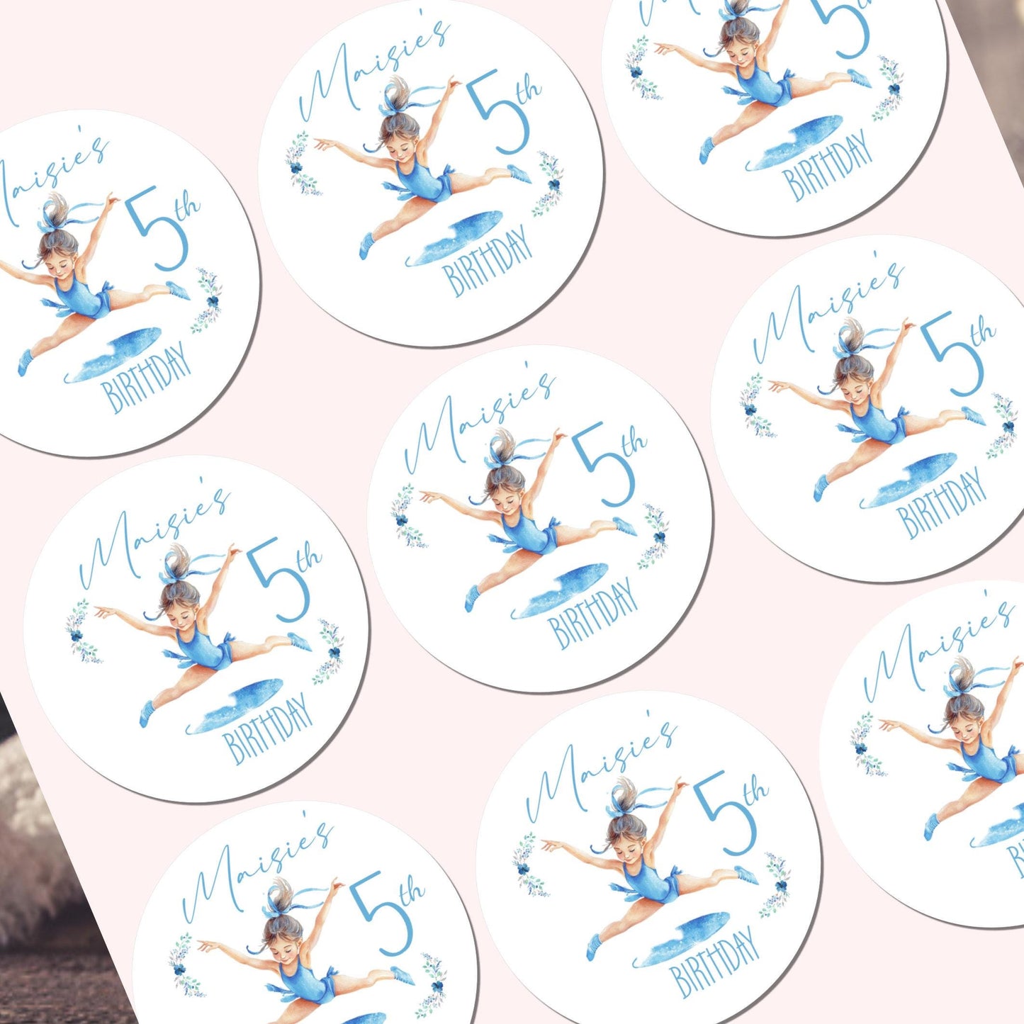 Personalised Birthday Party Stickers Gymnastic girl Dancer Party Favours Party Bags girls party