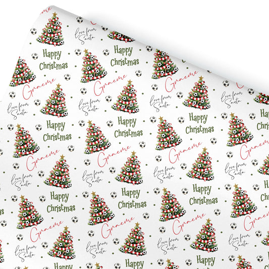 Personalised Christmas Gift Wrap – Football Christmas Tree Design, Footie Red and White Scarf