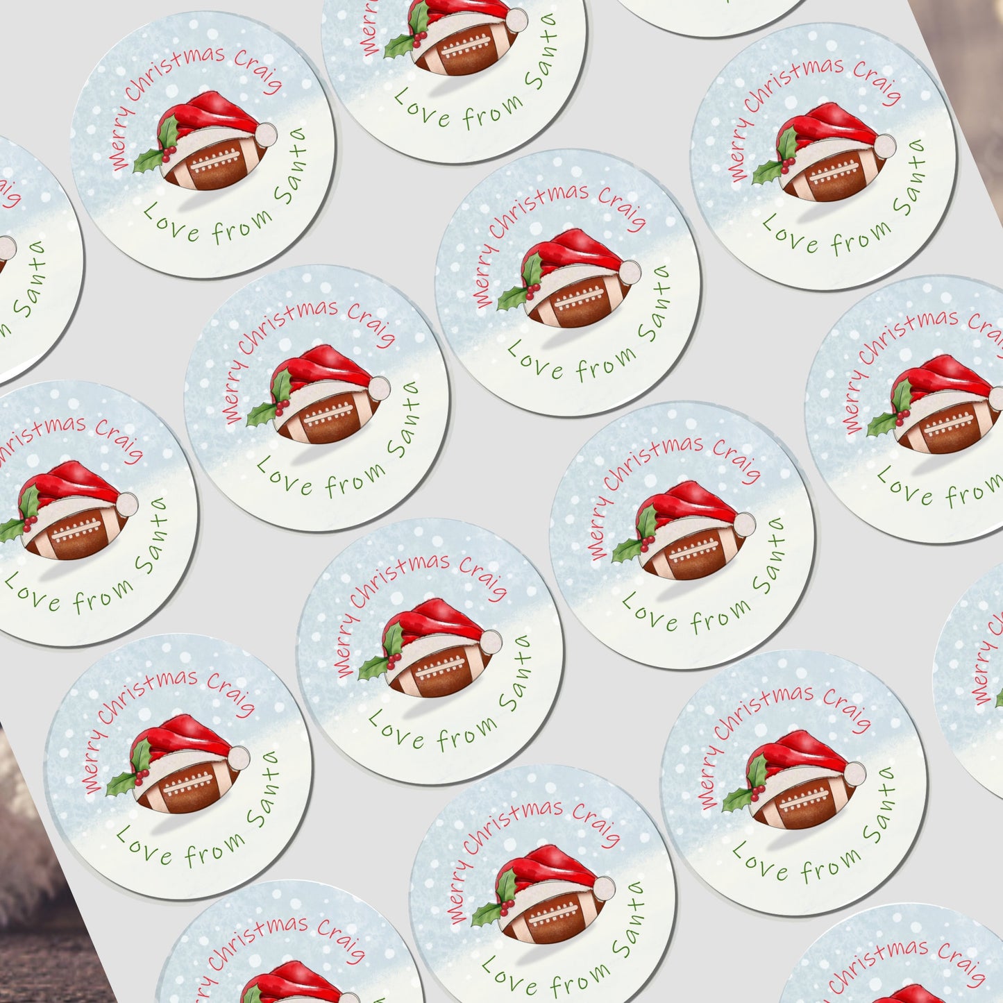 Personalised Christmas American Football sticker, Gift Tags, Gift Wrap Present Stickers