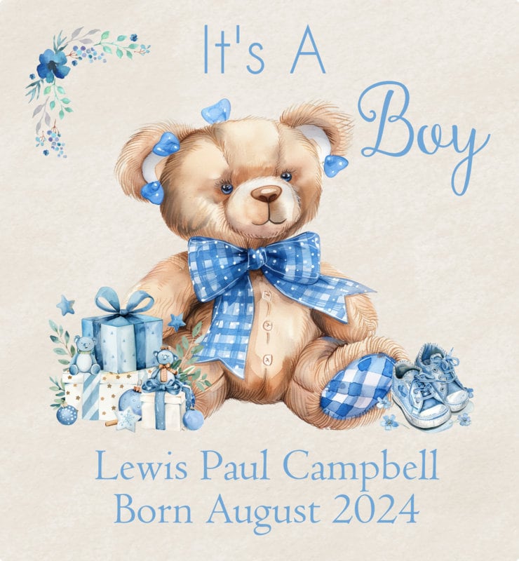 Personalised congratulations new baby boy gift bag watercolour teddy