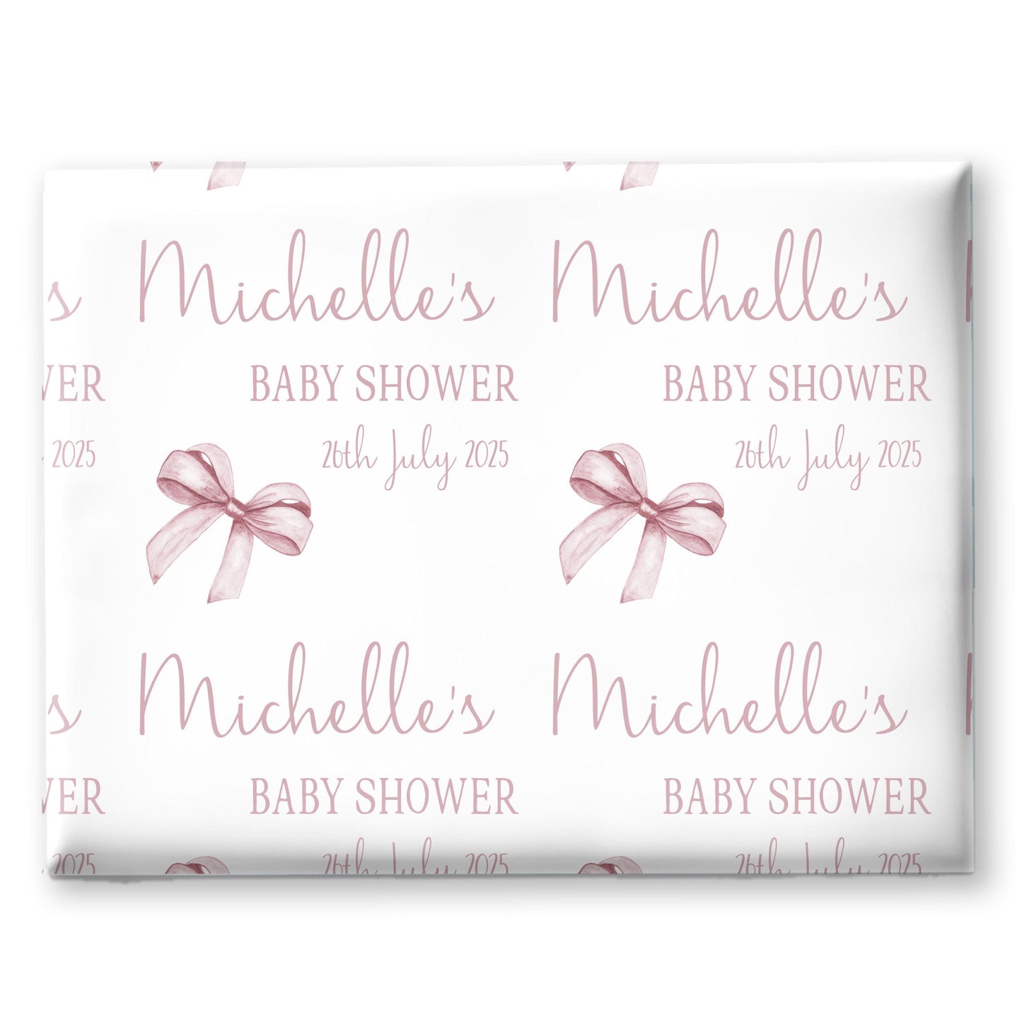 Personalised Baby Shower, New Baby Gift Wrapping Paper Custom Name & Date Watercolour Dusky Pink Bow Design