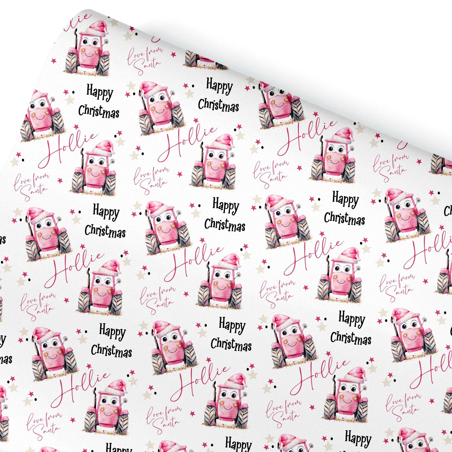 Personalised Christmas Gift Wrap – Children’s Wrapping Paper Fun Pink Smiley Face Tractor Design