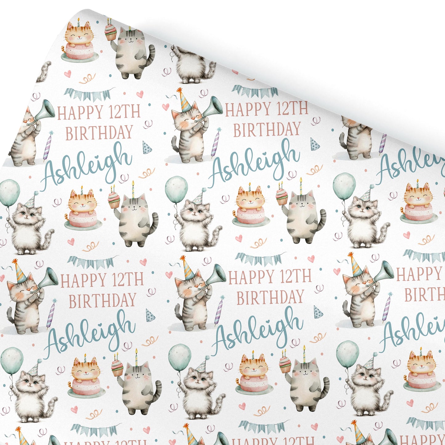Personalised Gift Wrapping Paper,  Cute Watercolour Cats Party Design, Cat Birthday, Children