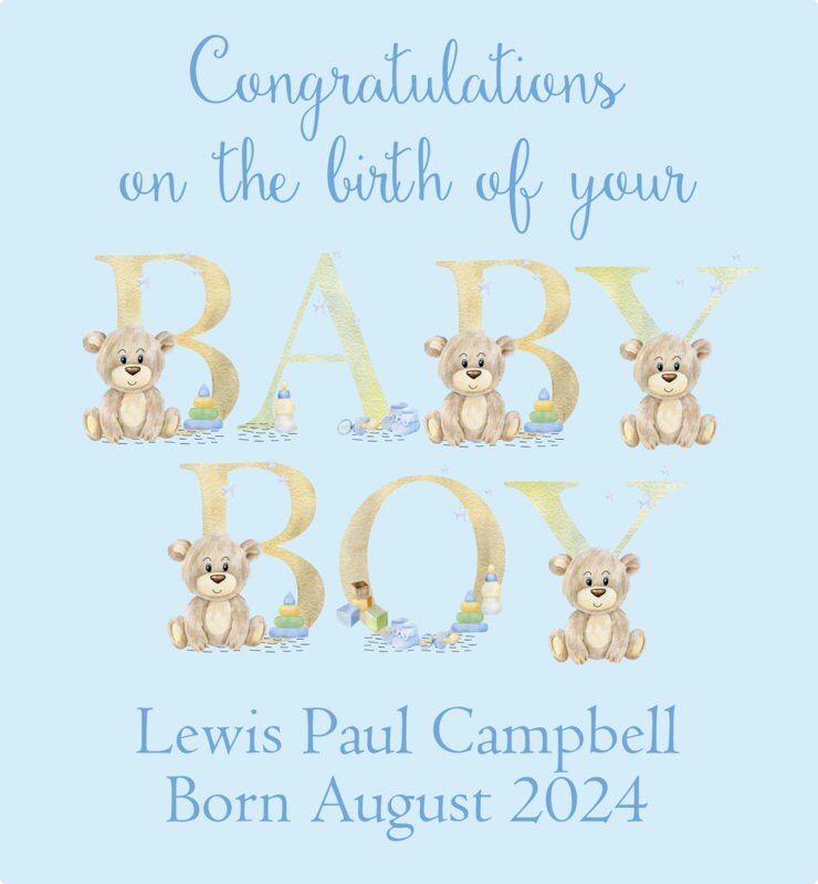 Personalised congratulations new baby boy gift bag watercolour teddy