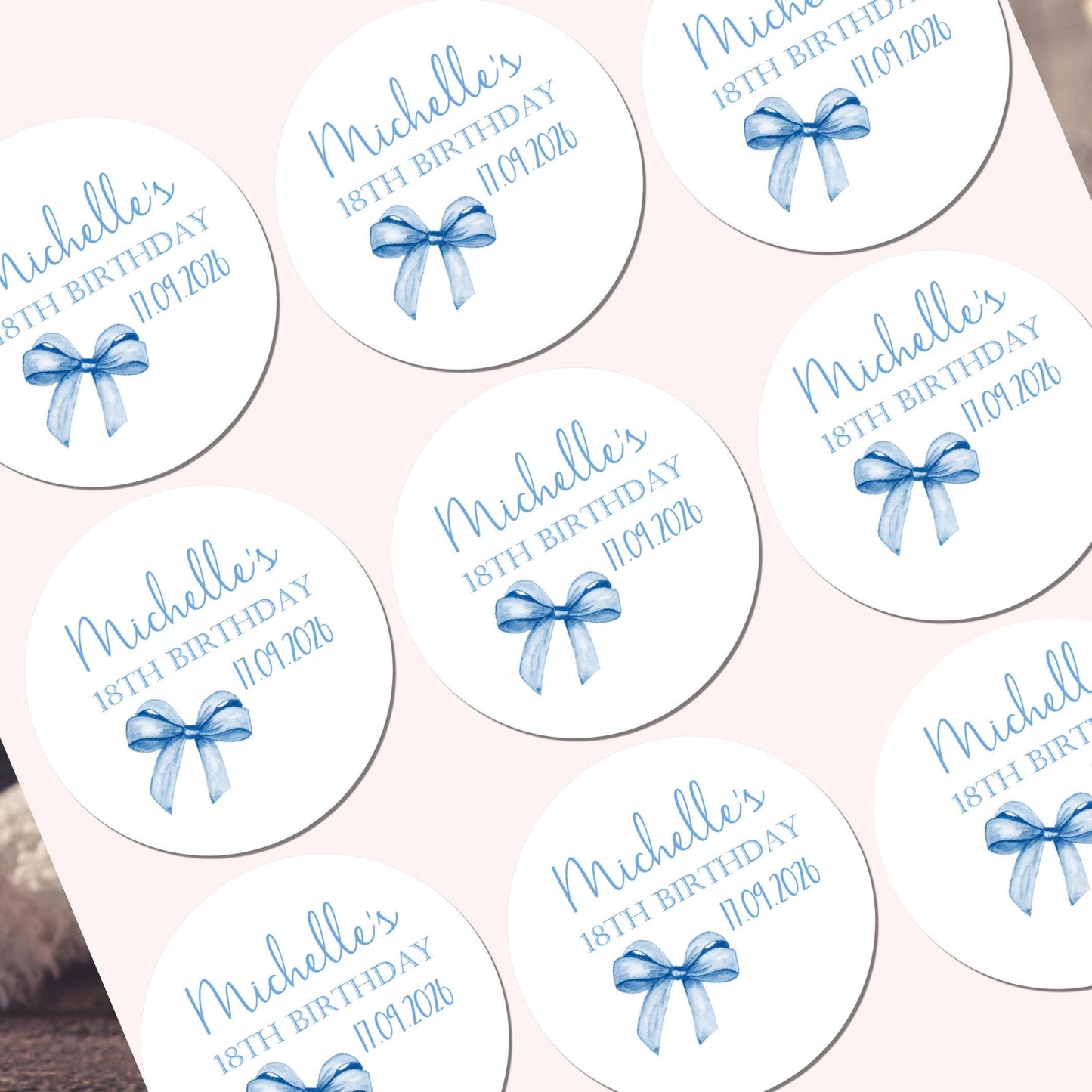 Personalised Birthday Stickers for Favours Party Bags Watercolour bow 16th 18th 21st Any Age