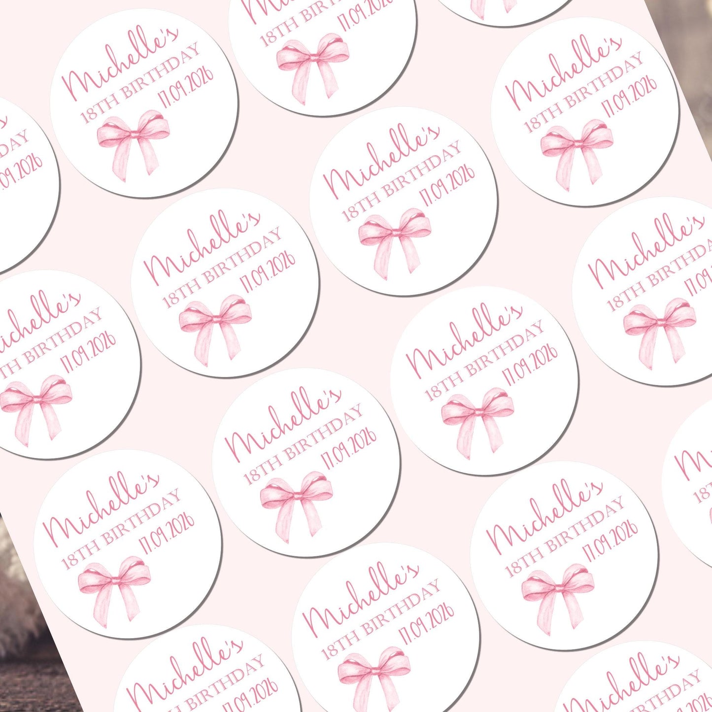 Personalised Birthday Stickers for Favours Party Bags Watercolour bow 16th 18th 21st Any Age