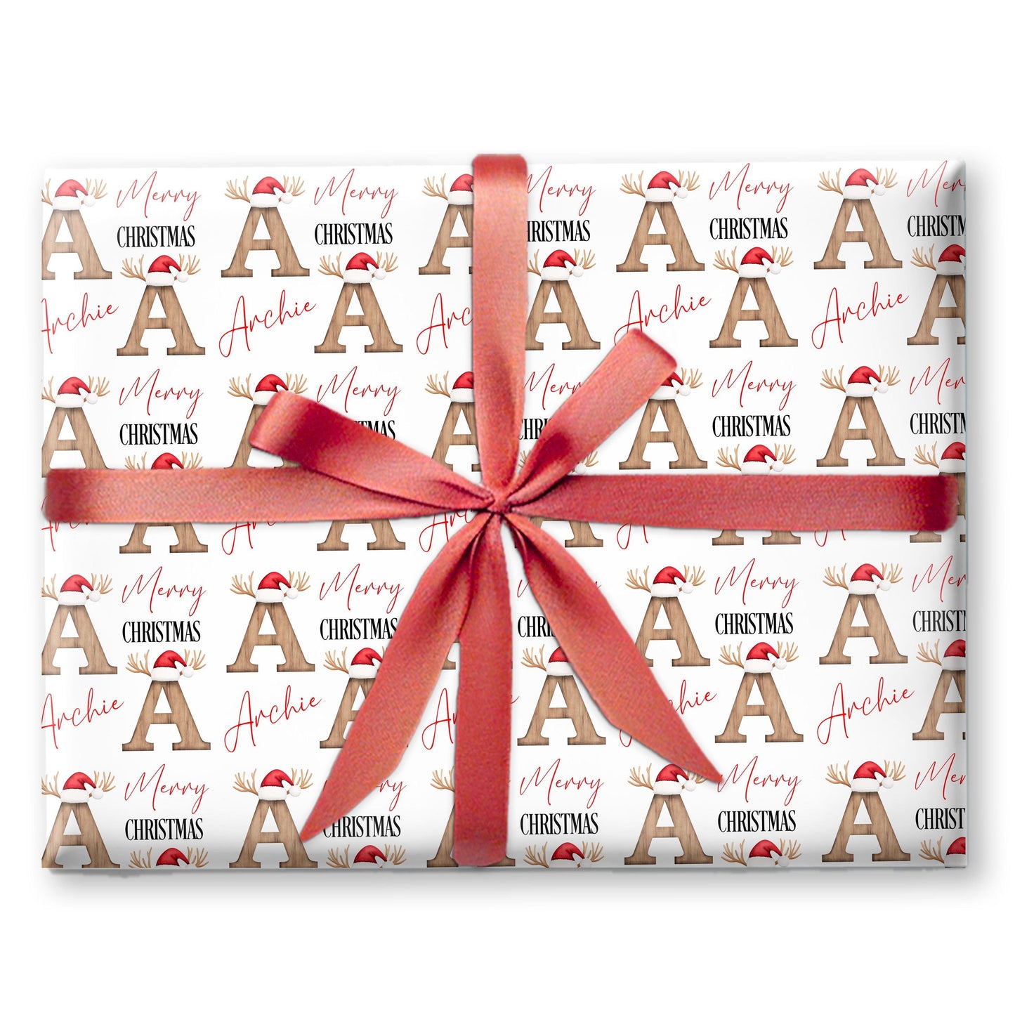 Personalised Christmas Gift Wrap – Wooden Initial with Santa Hat Design Wrapping Paper