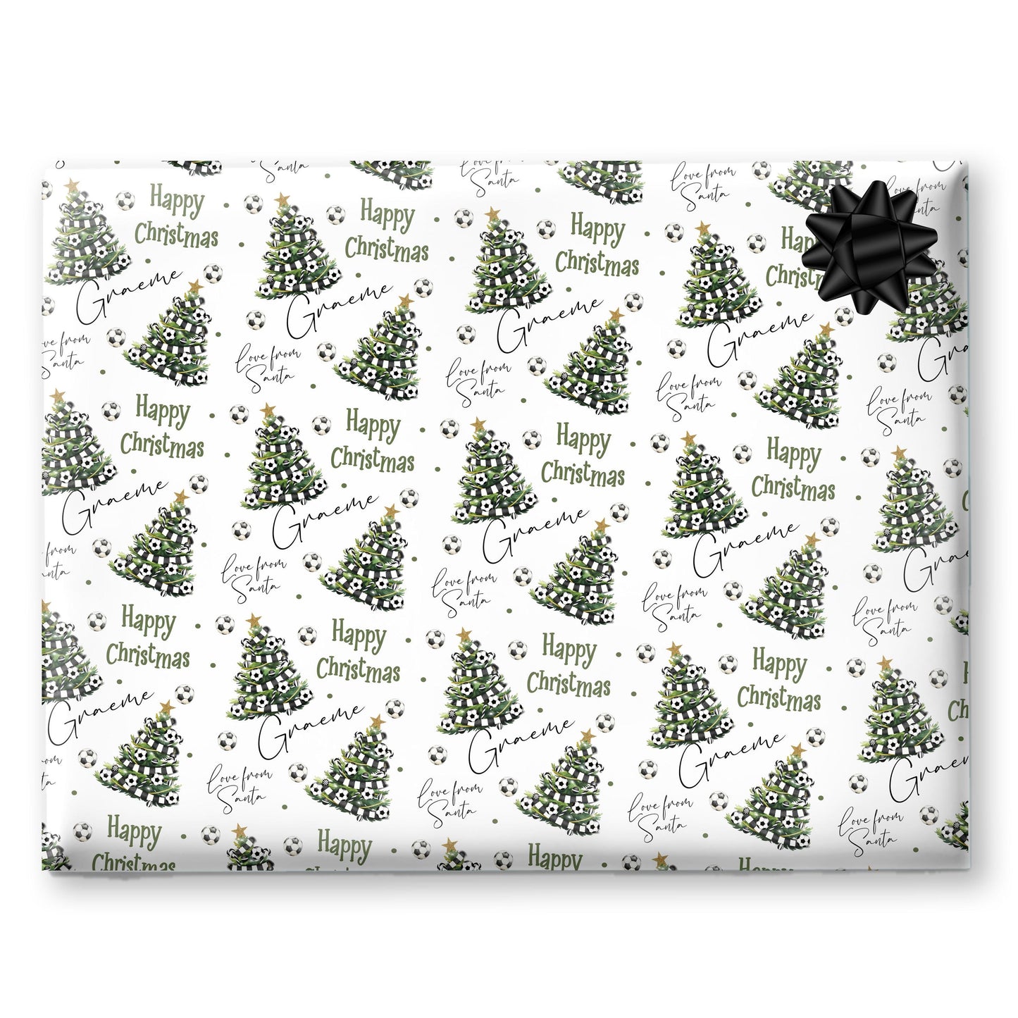 Personalised Christmas Gift Wrap – Football Christmas Tree Design, Footie Black and White Scarf- teenager wrapping paper