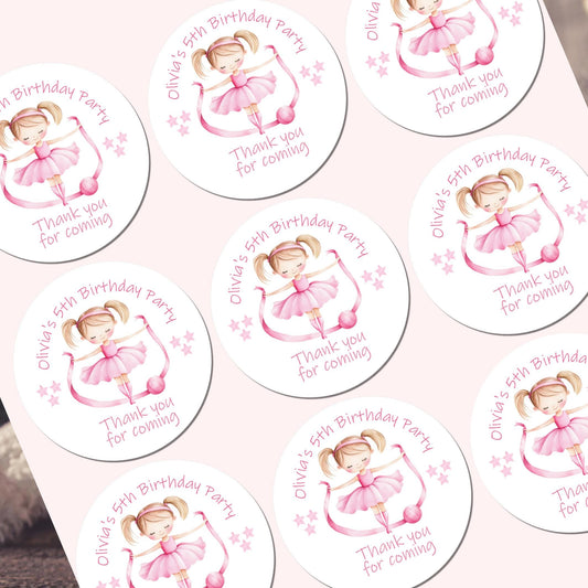 Personalised Birthday Party Stickers Gymnastic girl Dancer Party Favours Party Bags girls party Ballet Stickers