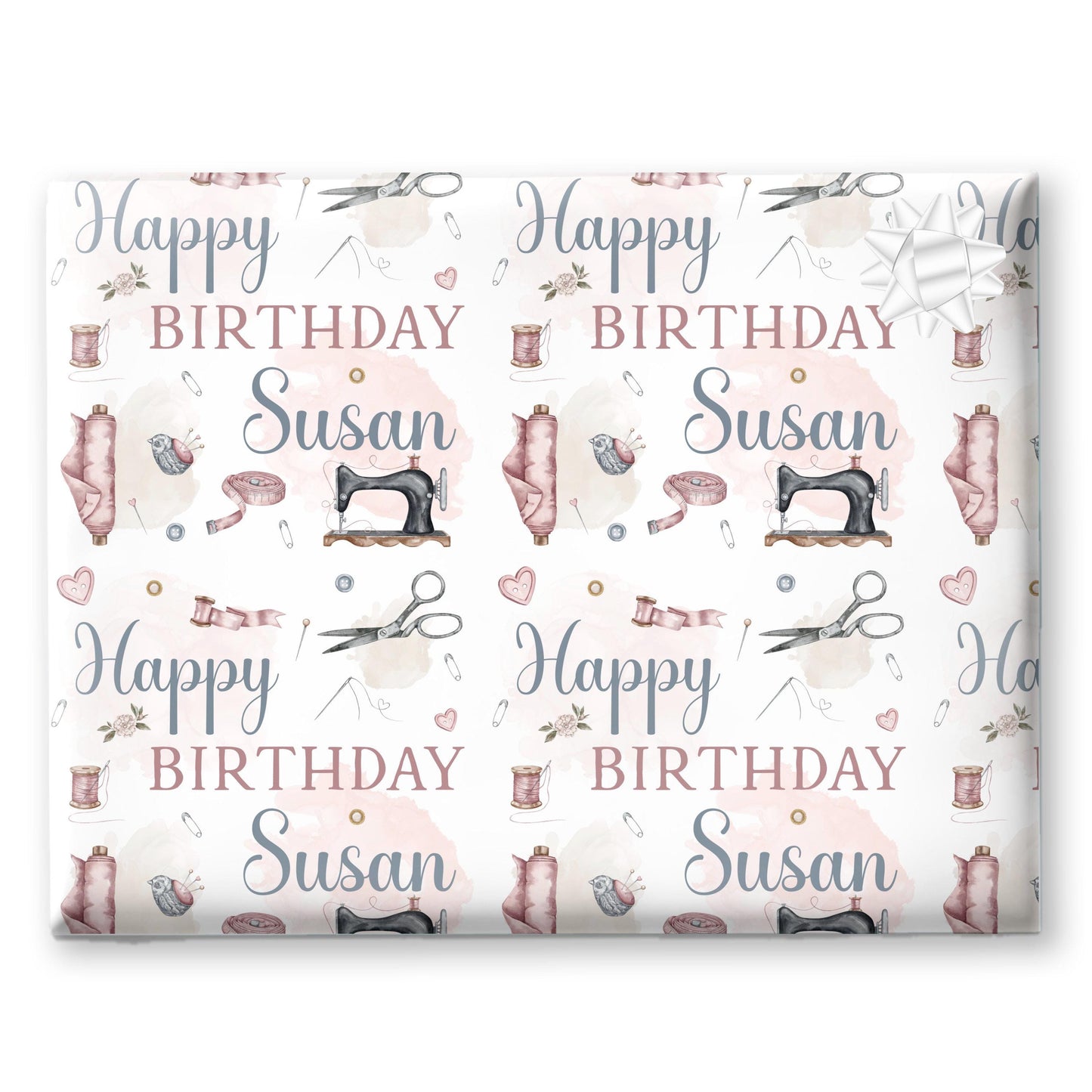 Personalised Sewing Gift Wrapping Paper for Grandma Mum Custom Name & Cute Needle Thread Design
