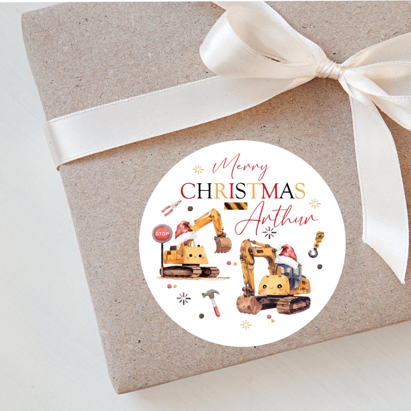 Personalised Christmas Stickers Labels For Wrapping Gifts, Name Tag, Diggers