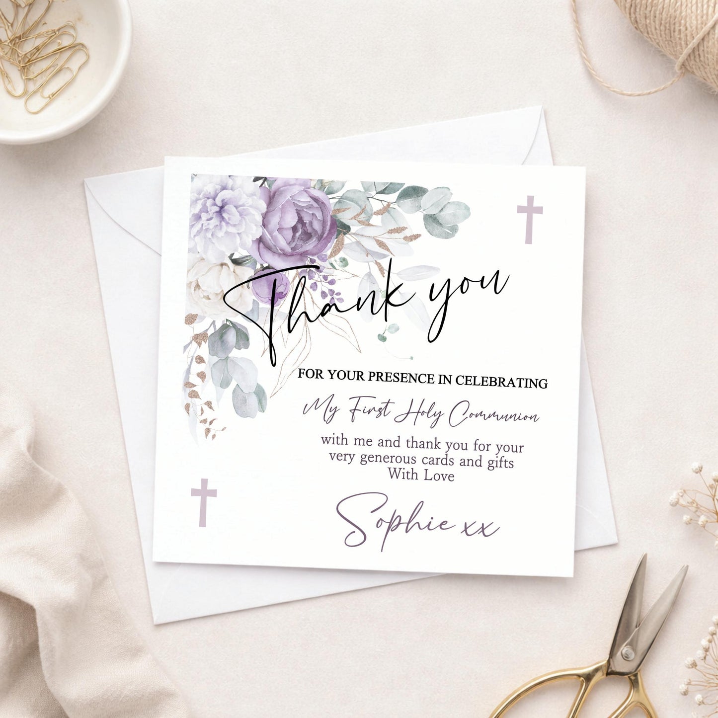 Personalised Holy Communion Thank You Cards, Floral Design, Includes Envelopes