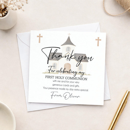 Personalised Holy Communion Thank You Cards, Chapel Design, Includes Envelopes