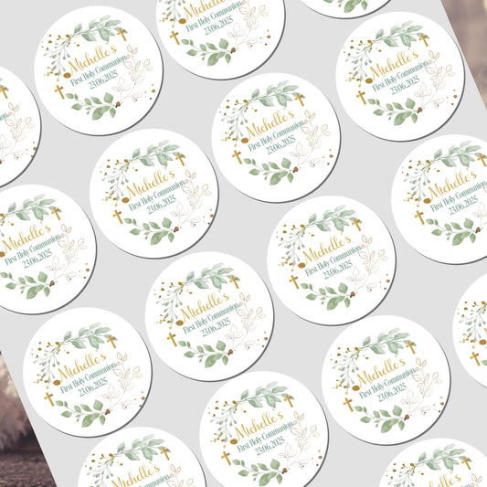 Personalised First Holy Communion Stickers, Party Bag Stickers, Sweet Cone Bags, Christening, Baptism