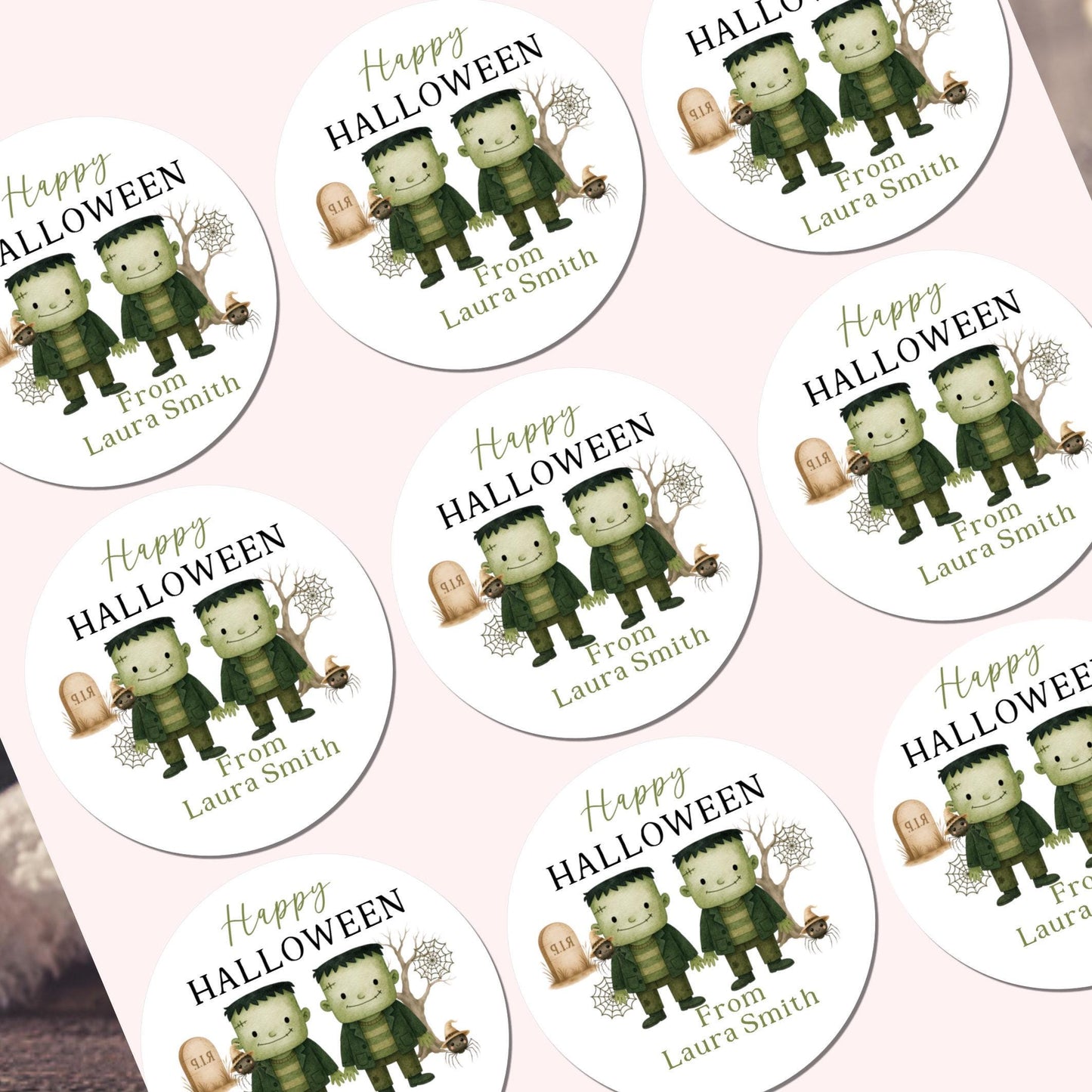 Personalised Halloween Stickers Labels for Sweet Cones Trick or Treat Frankenstein