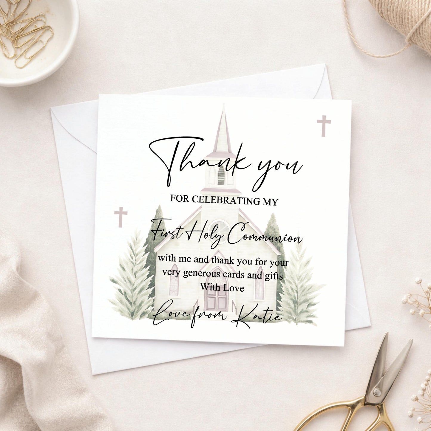 Personalised Holy Communion Thank You Cards, Chapel Design, Includes Envelopes