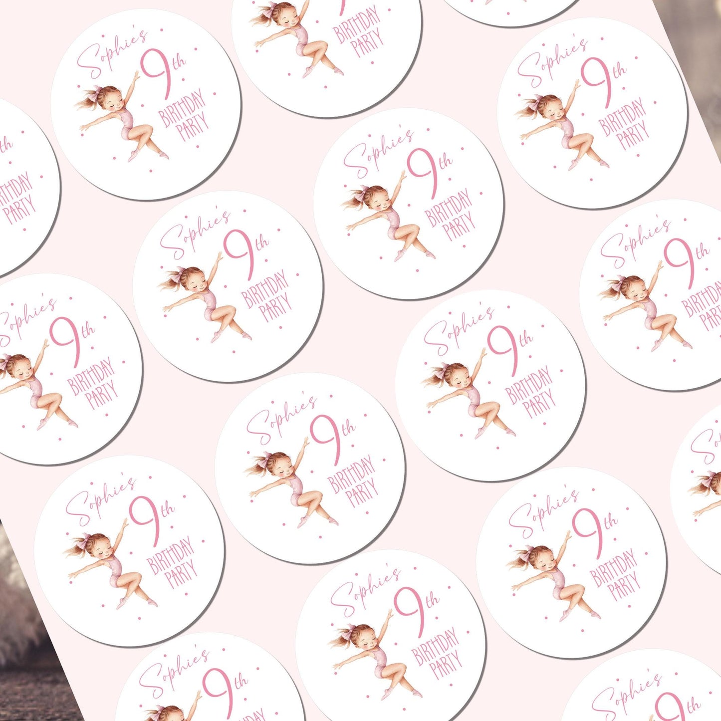Personalised Birthday Party Stickers Gymnastic girl Dancer Party Favours Party Bags girls party Ballet Stickers Dancing stickers
