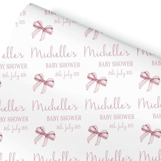 Personalised Baby Shower, New Baby Gift Wrapping Paper Custom Name & Date Watercolour Dusky Pink Bow Design