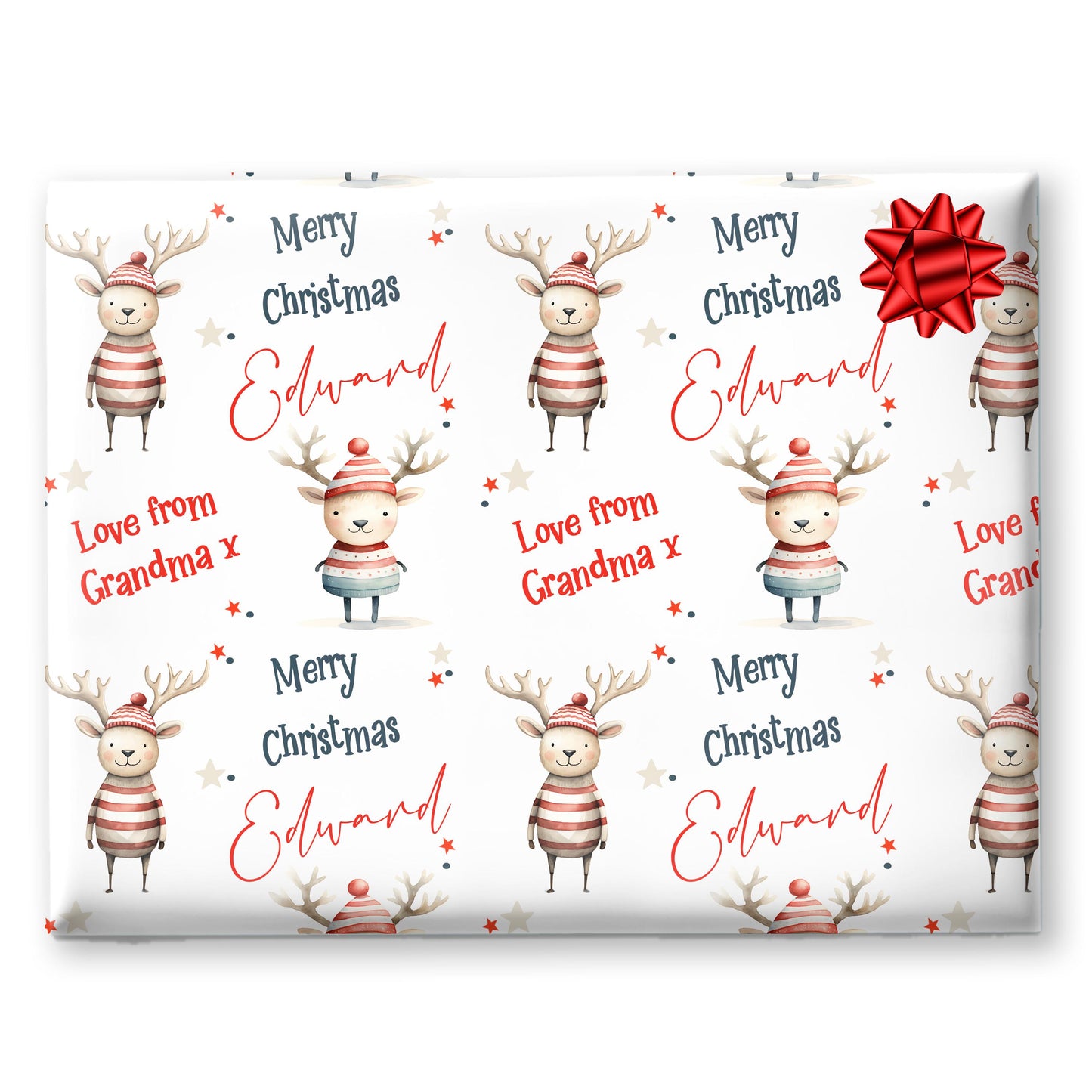 Childrens Gift Wrap Wrapping Paper, Cute Reindeers, Personalised Boys and Girls Paper, Novelty Gift Wrap Roll